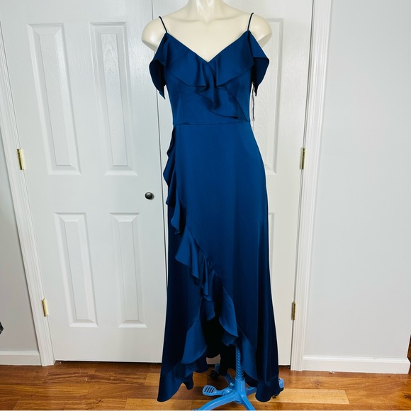 AIDAN MATTOX off the shoulder flounce GOWN navy BLUE wedding prom gown DRESS 6 - Picture 12 of 14